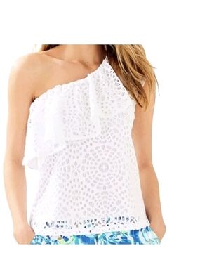 Lilly Pulitzer White One Shoulder Lace Eyelet Top Lined Size M